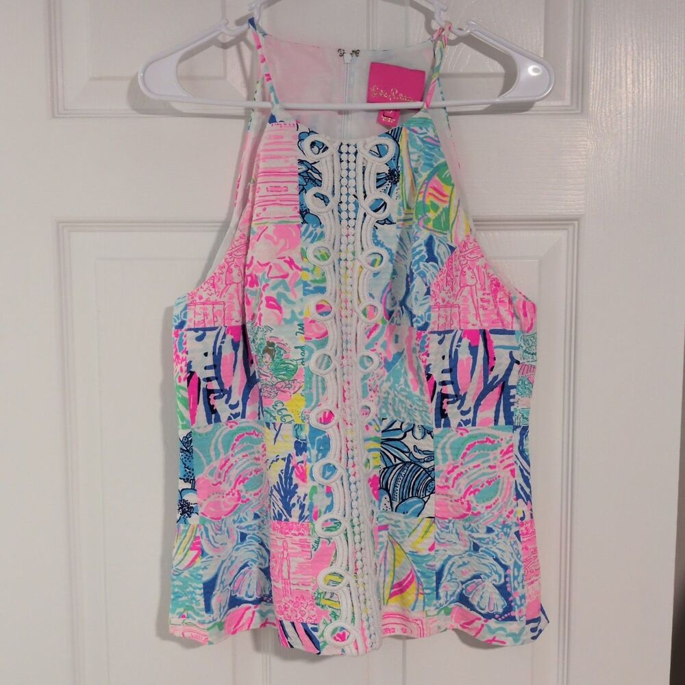Lilly Pulitzer Multicolor Floral Halter Sleeveless Woven Cotton Tank 12